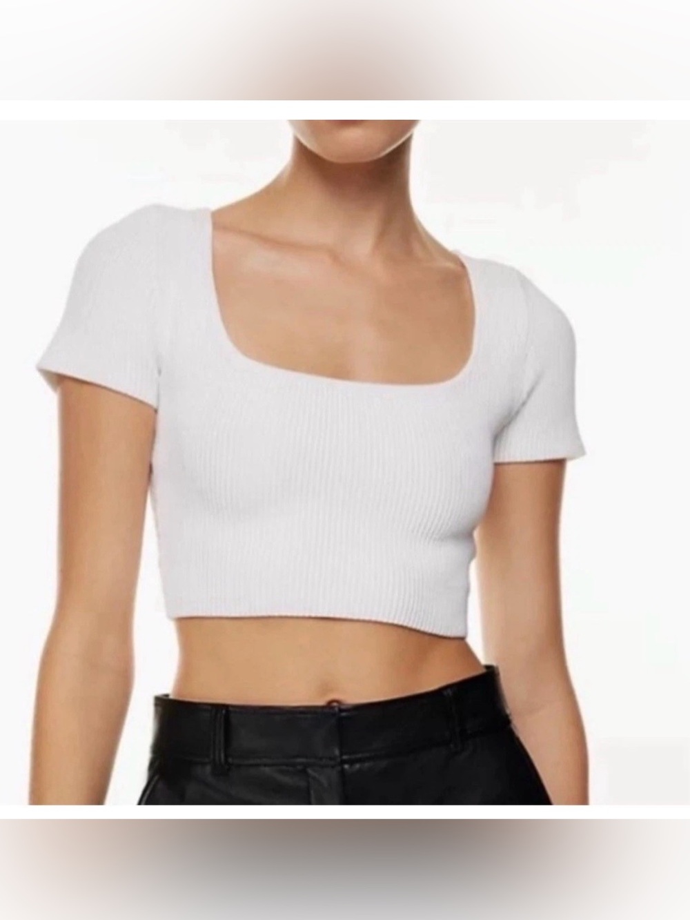 Babaton White Ribbed Scoop Neck Crop Top